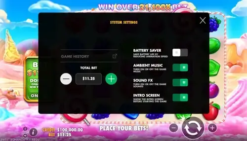 Painel de configurações do jogo Sweet Bonanza